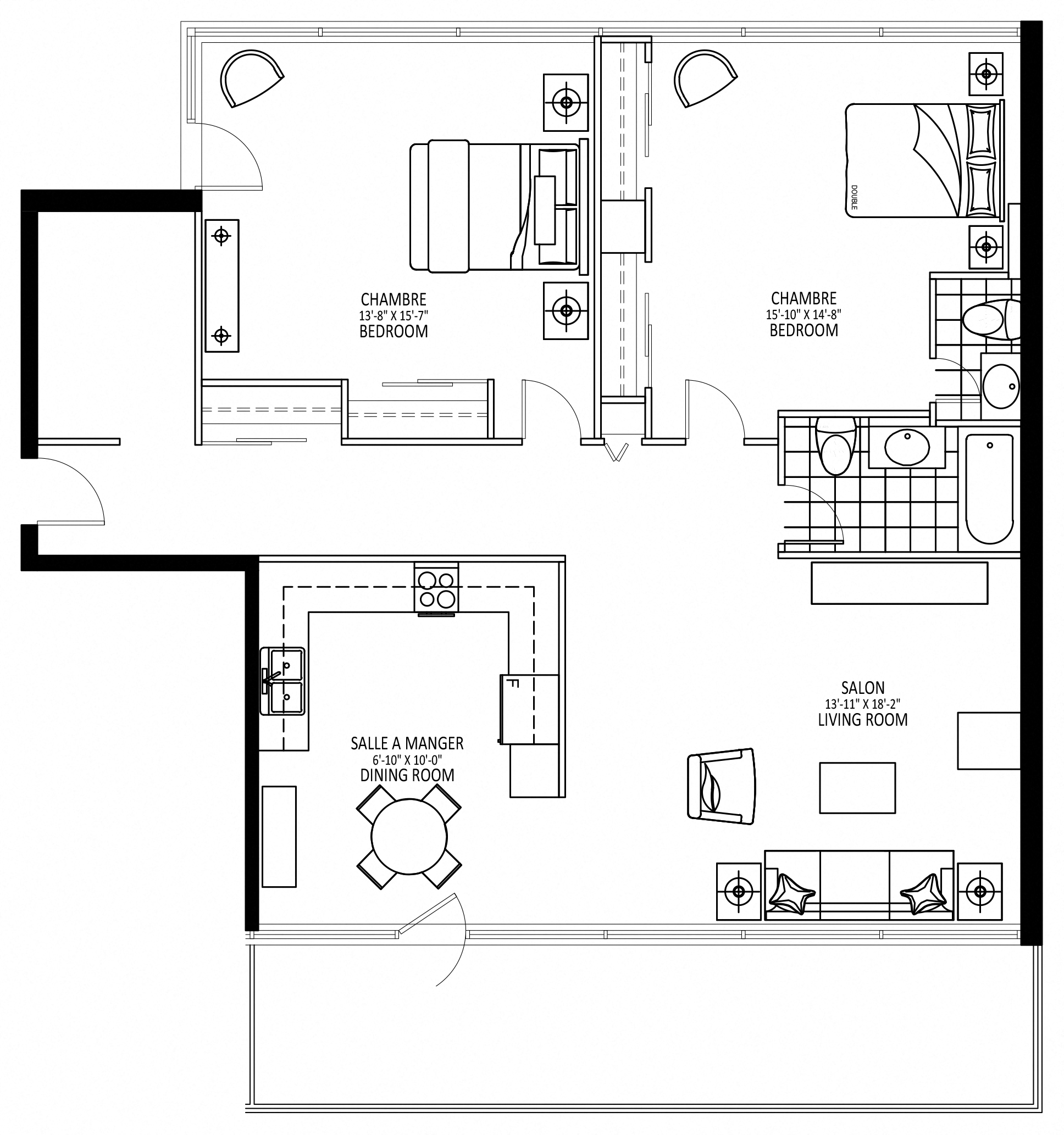Floor plan for 2 beds, 1 bath, 1300 sqft